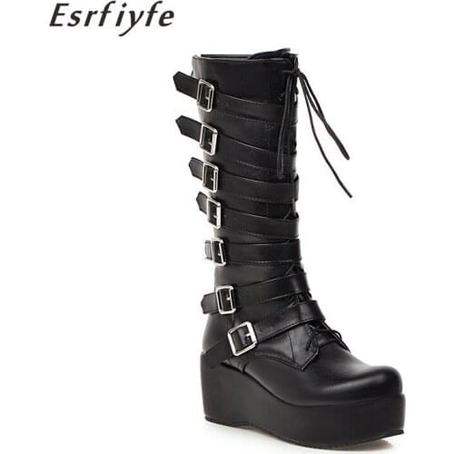 ESRFIYFE 2020 Winter Punk Women Platform Boots Black Buckle Strap Lace Up Creeper Wedges Shoes Mid Calf Military Combat Boots