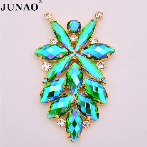 JUNAO 42*72mm Sewing Green AB Glass Rhinestone Flower Sew On Claw Crystal Stone Flatback Gold Strass Applique for Clothes Crafts