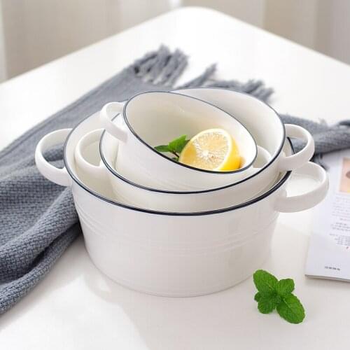 Minimalist blue line double ears soup ceramic salad bowl noodle bowl breakfast dessert bowl home bring large soup