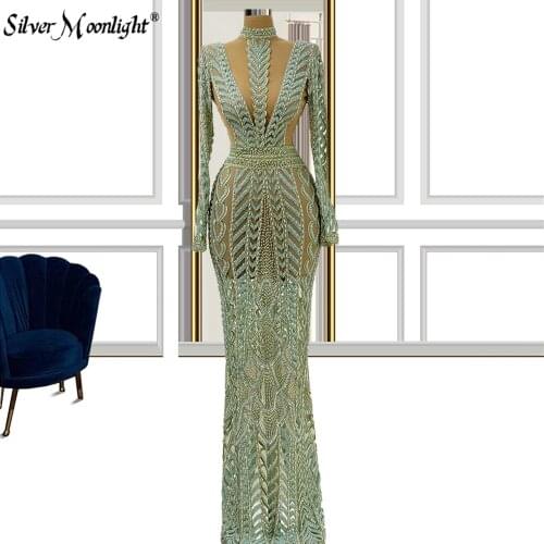 High Neck Mermaid Lace Evening Dress 2021 Illusion Long Sleeves Beaded Dress for Party Green вечернее платье De Soiree