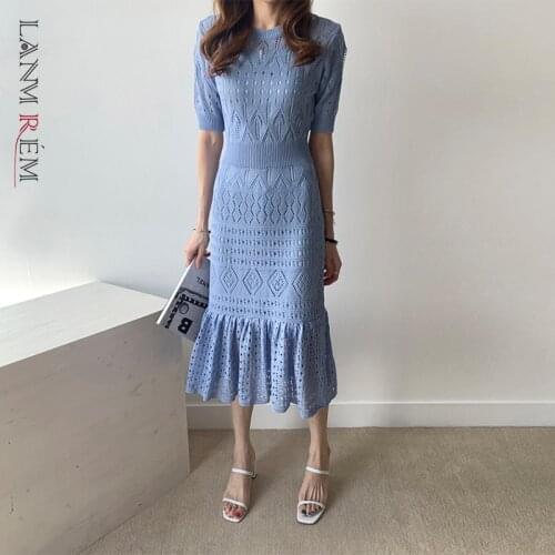 LANMREM 2021 Summer Knitted Ruffle Dress For Women Round Neck Slim Short Sleeve Hollow Out Female Elegant Party Dresses 2D3666