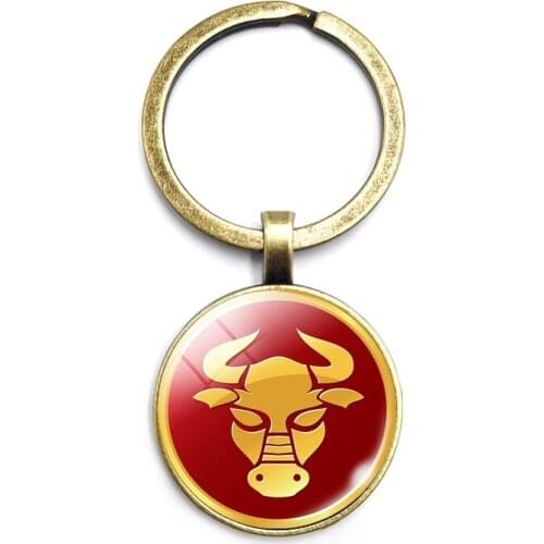Fashion Creative Retro Art 12 Constellation Gold Saint Seiya Glass Cabochon Pendant Keyring Men and Women Jewelry Keychain