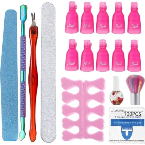 Monja 9 Pcs/Set Nail Art Kit Dead Skin Fork Cuticle Pusher Nail Files Nutrition Oil Remover Pads Soaker Caps Manicure Care Tools