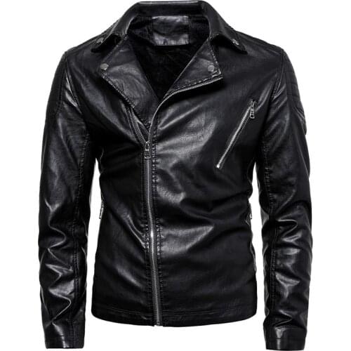 2021 Spring Mens Casual Jacket Fashion Solid Color Large Size Slim Lapel Diagonal Zip Leather Jackets Men