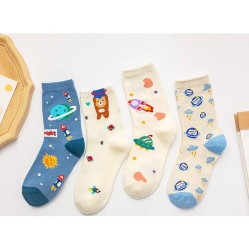 10 Pairs/Cotton Women Socks Cute Cartoon Outer Space Pattern Girls Funny Socks Comfortable Soft Female Casual Socks Four Seasons