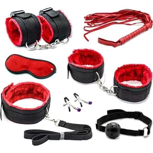 New Sexy 7 Pcs/Set Kit Fetish Sex Bondage Sex Toys for Couples, Nipple Clamps Foot Handcuff Ball Gag Whip Collar Eye mask