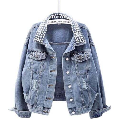 2021 Spring New Denim Jacket Women Heavy Industry Beaded Patch Sequin Ripped Jacket Womens Loose Jeans Jacket Casual Outerwear