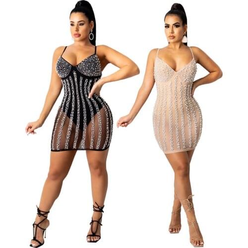 Spaghetti Strap Mesh Sheer Milk Silk Pearls Patchwork Mini Dress Woman Sleeveless Stretchy Bodycon Dresses Night Party Vestidos
