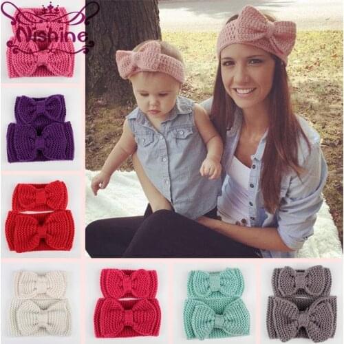Nishine 2Pcs/set Mom and Baby Matching Handmade Knit Bow Headband Women Headband Infant Kids Crochet Hair Bands Hair Accessories