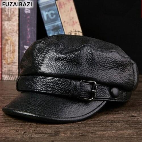 FUZAIBAZI New Genuine Leather Hat Fashion Youth Mens Womens Autumn Winter Military Cap Trend Sports Flat Caps