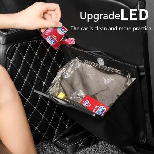 LED Light PU Leather Car Trash Can Multifunctional folding Storage Bag Hanging Bag Universal Seat Back Pocket Tidying