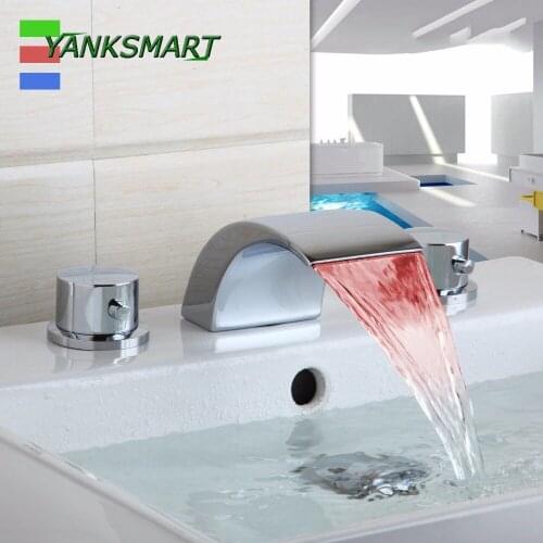 YANKSMART Chrome LED 3 Pcs Faucet Spray Tap 2 Handle Waterfall Bathroom Basin Sink Bathtub Mixer Faucet Mixer Tap Faucets
