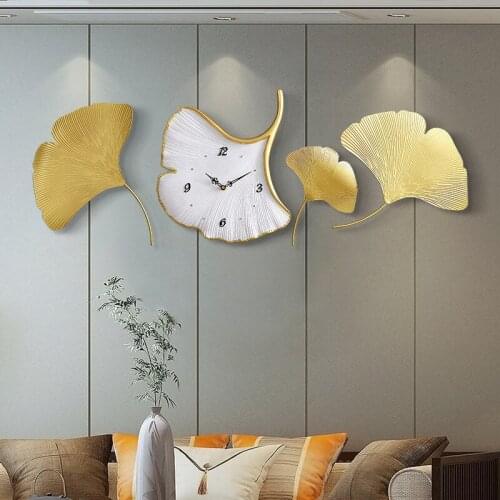 Modern Metal Ginkgo Leaf Resin Wall Clock Luxury Ornaments Home Livingroom Wall Mural Crafts Hotel Lobby Wall Sticker Decoration