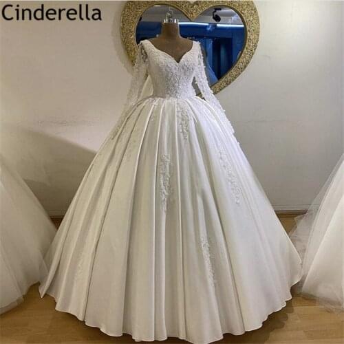 Wedding Dresses Long Sleeves V-Neck Crystal Beaded Lace Applique Satin Wedding Dresses With Lace Up Back vestido de noiva