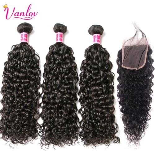 Vanlov Water Wave Bundles With Closure PrePlucked With Baby Hair Malaysian 3 Human Hair Bundles With Closure Remy Hair Extension