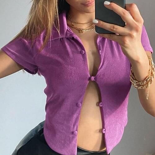 Party Turn Down Collar Y2k Tops Single Buttons Casual Shirt Women Short Sleeve Crop Top 2021 Summer New Girl Streetwear