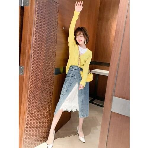 Top Quality Fake two Knitted Top+High waist split denim skirt with lining suit