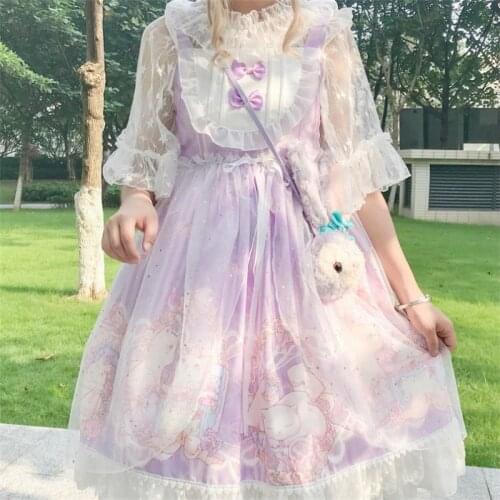 Japanese New Sweet Lolita Style Soft Girl Womens Summer Dress Kawaii Cat Printing Ruffles Sleeveless Cute Bow Lace Dresse