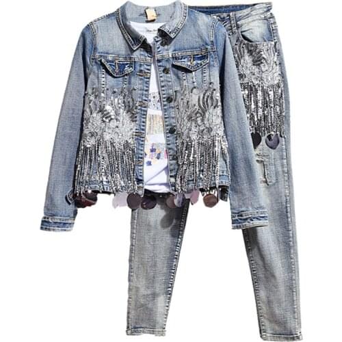 Jacket Pant Set Womens Sets Casual Denim Jacket Trousers Two Piece Outfits Bronzed Print Jeans Tops And Pants 2 Piece Sets