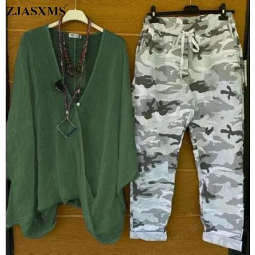 Camouflage Print Cotton Linen Women Sets Spring Deep V Neck Button Shirt and Drawstring Pants Suit Autumn Batwing Sleeve Outfits