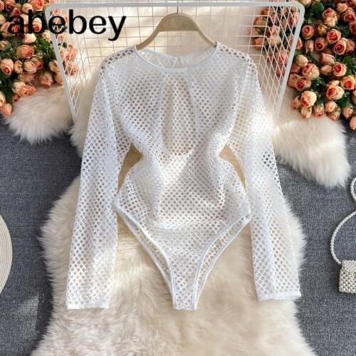 2021 New Summer Women Sexy O-neck long sleeve Bodysuits backless design mesh hollow out high waist solid color Bodysuits
