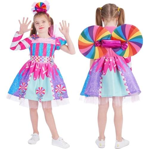 Girl Candy TUTU Dress Summer Kids Lollipop Donut Cartoon Party Carnival Cosplay Clothing Halloween with Candy Rainbow Wing JYF