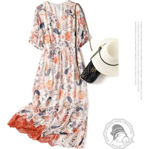 Temperament Goddess Elastic Waist looks Thin slim V-neck Short Sleeve Mulberry Silk Printed dress New Summer Long Skirt women