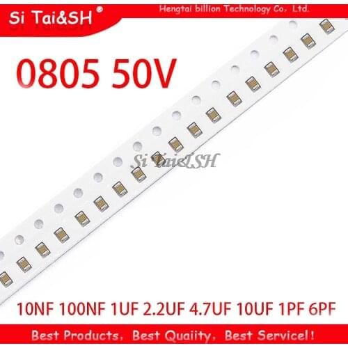 100pcs 0805 50V SMD Thick Film Chip Multilayer Ceramic Capacitor 1pF-47uF 10NF 100NF 1UF 2.2UF 4.7UF 10UF 1PF 6PF
