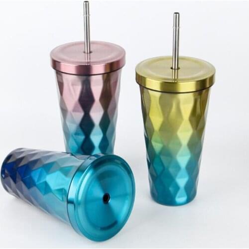 500ML Diamond Gradient 304 Stainless Steel Coffee Cups With Straws Cup Portable Mug Travel Cup Eco-Friendly Cups