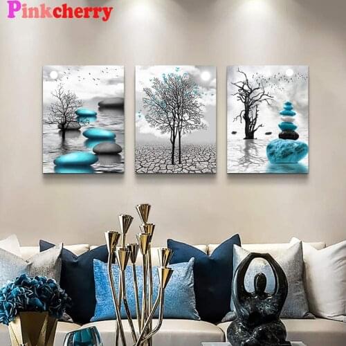 Blue Stone Abstract Tree Diamond Painting Full Square Round Diamond Embroidery Triptych Scenery Rhinestone Mosaic Manual Hobby