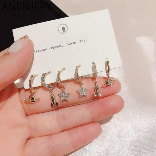 ANENJERY Dream Star Rocket Planet Hoop Earrings Set Silver Color Micro Zircon Earrings For Women 6-piece S-E1153