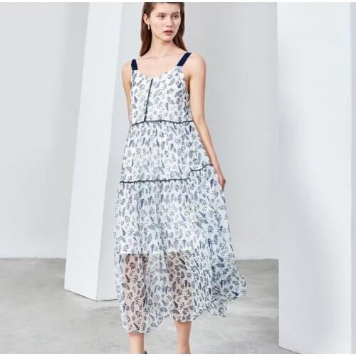 White Chiffon Print Blue Floral Silk Suspender Dresses Women 2021 Summer Long Casual Sexy Office Work Daily Dress Plus Size