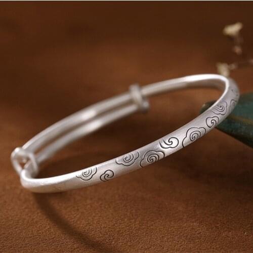 Uglyless China Chic Ethnic Lucky Clouds Push-pull Bangles Adjustable Solid 999 Pure Silver Vintage Bangles for Women Thai Silver
