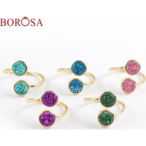 BOROSA 5PCS Gold Plated Bezel Mixed Double Round Drusy Titanium Dark Rainbow Druzy Rings Adjustable Ring Jewelry Summer Style