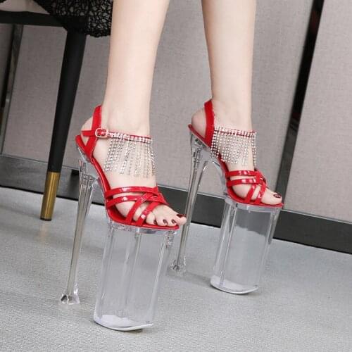 Sexy Super High Heels Sandals 26cm Thin Heel Nightclub Transparent Crystal Gladiator Sandals Water Drill Platform Shoes Woman
