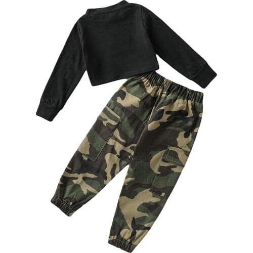 2Pcs Kids Autumn Tracksuit Solid Color Round-Neck Long Sleeves Tops + Camouflage Elastic Waist Pants for Girls, 1-6 Years