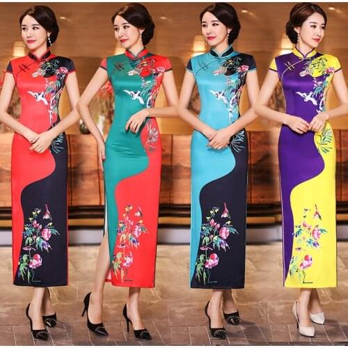 FZSLCYIYI Plus Size 5XL Women Elegant Dresses Chinese Cheongsam Long Satin Dress Women Crane Flower Printing Daily Qipao