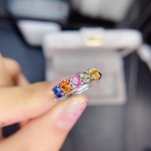 Natural gemstone Ring Natural Multicolor sapphire ring S925 silver small lovely slender Row women girl gift party fine Jewelry