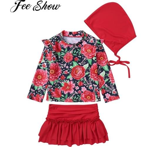 3Pcs Kids Girls Swimwear Floral Printed Swimming Bathing Suit Round Neck Long Sleeves Top and Pleated Skirt Hat Set Swimsuits