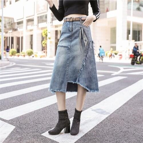 Summer Midi Skirt Sashes Solid Long Skirt Woman Summer Casual High-Waisted Skirt Pockets Patchwork Asymmetrical Denim Skirt