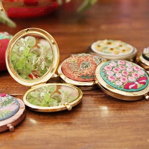 DIY Embroidery Mirror Handcraft Needlework Cross Stitch Kit Mini Round Makeup Mirror Double-Sided Mirror Material Package