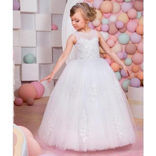 New Lace Ball Gown White Flower Girls Dresses Sequin Kids Wedding Party Dress long First Communion Dresses For Girls Princess