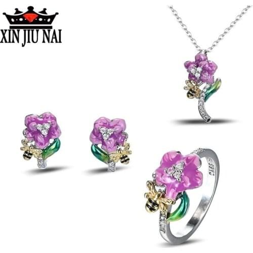 Hot new arrival arrives fashion luxury enamel color delicate bee pink flower European and American banquet jewelry set