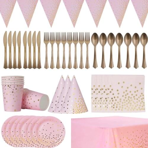 New Pink Glod Theme Decoration Birthday Female Kids Gifts Disposable Tableware Set Paper Plates Straws Birthday Party Supplies