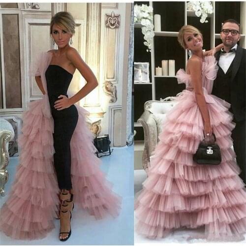 Pink Black Muslim Evening Dresses Sheath Strapless Tulle Tiered Dubai Saudi Arabia Long Prom Dress Gown Robe De Soiree