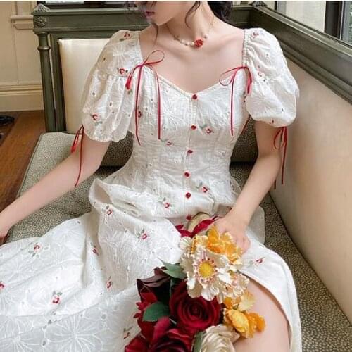 Pleated design Girl Hip Wrap Skirt high waist bubble sleeve dress womens 2021 summer new vintage sexy dress women