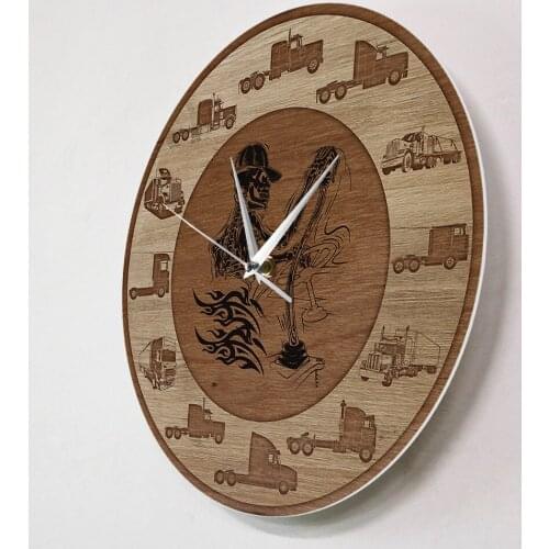 Print Wall Clock Construction Vehicle Skull Trucker Wood Texture Acrylic Skeleton Bone Driving And Surviving Wall Art Home Decor
