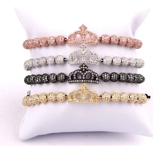 Drop Shipping New Luxury Men Women Bracelet CZ Micro Pave Ball Crown Charm Beaded Adjustable Bracelet Bangle