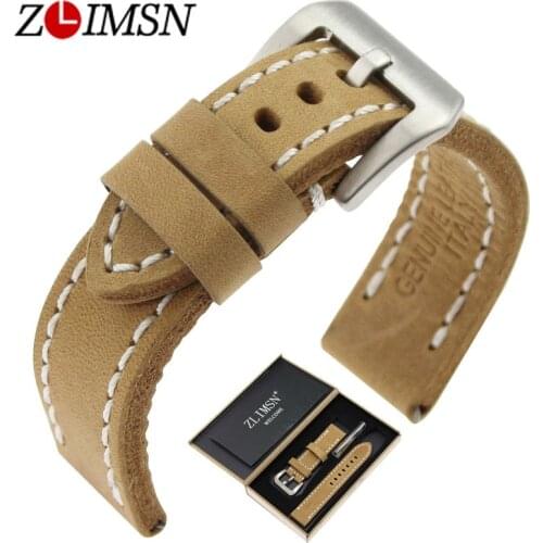 ZLIMSN Genuine Leather Watch Bands Strap Stainless Steel Pin Buckle Men Women Watchbands Replacement 20 26mm Yellow Wrist Belt
