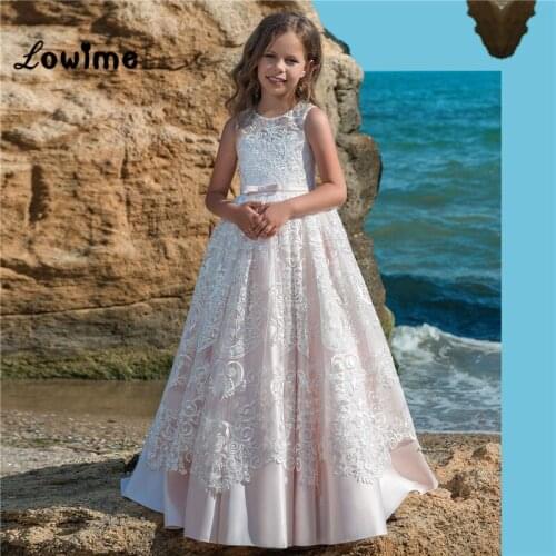 Pink Satin Flower Girl Dresses Beautiful Girls Pageant Dress First Communion Dresses For Girls Custom Made With Lace Applique